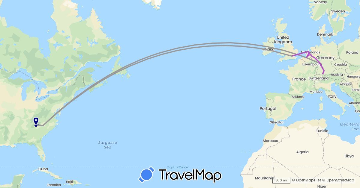 TravelMap itinerary: driving, plane, train, hiking in Belgium, Germany, United Kingdom, Netherlands, United States (Europe, North America)